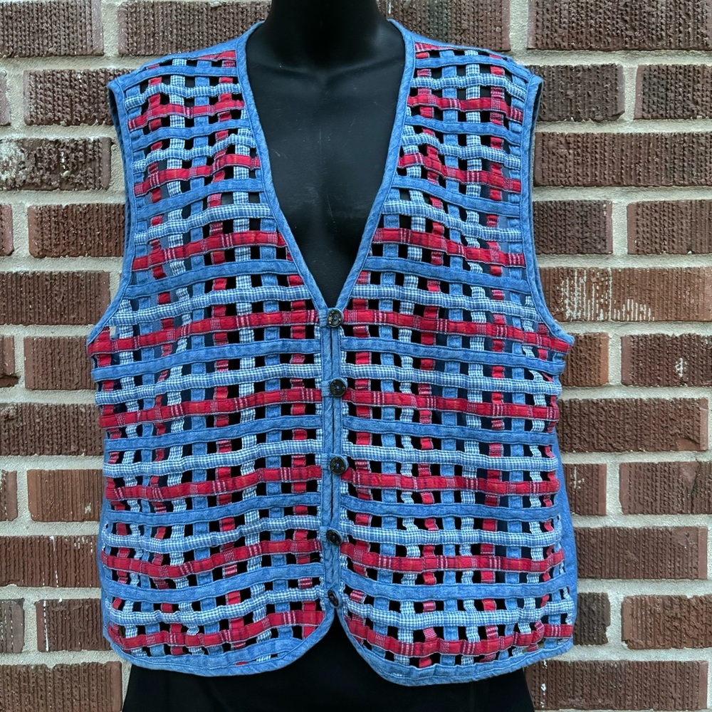 Vintage 90s Koret City Blues Waffle Weave Denim Vest Women’s Size XL